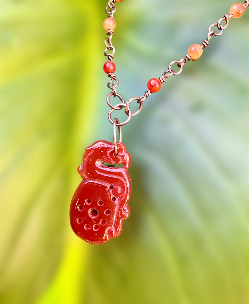 Red Jade Pixiu Pendant With Carnelian Handmade Necklace - Connie’s Crystals 