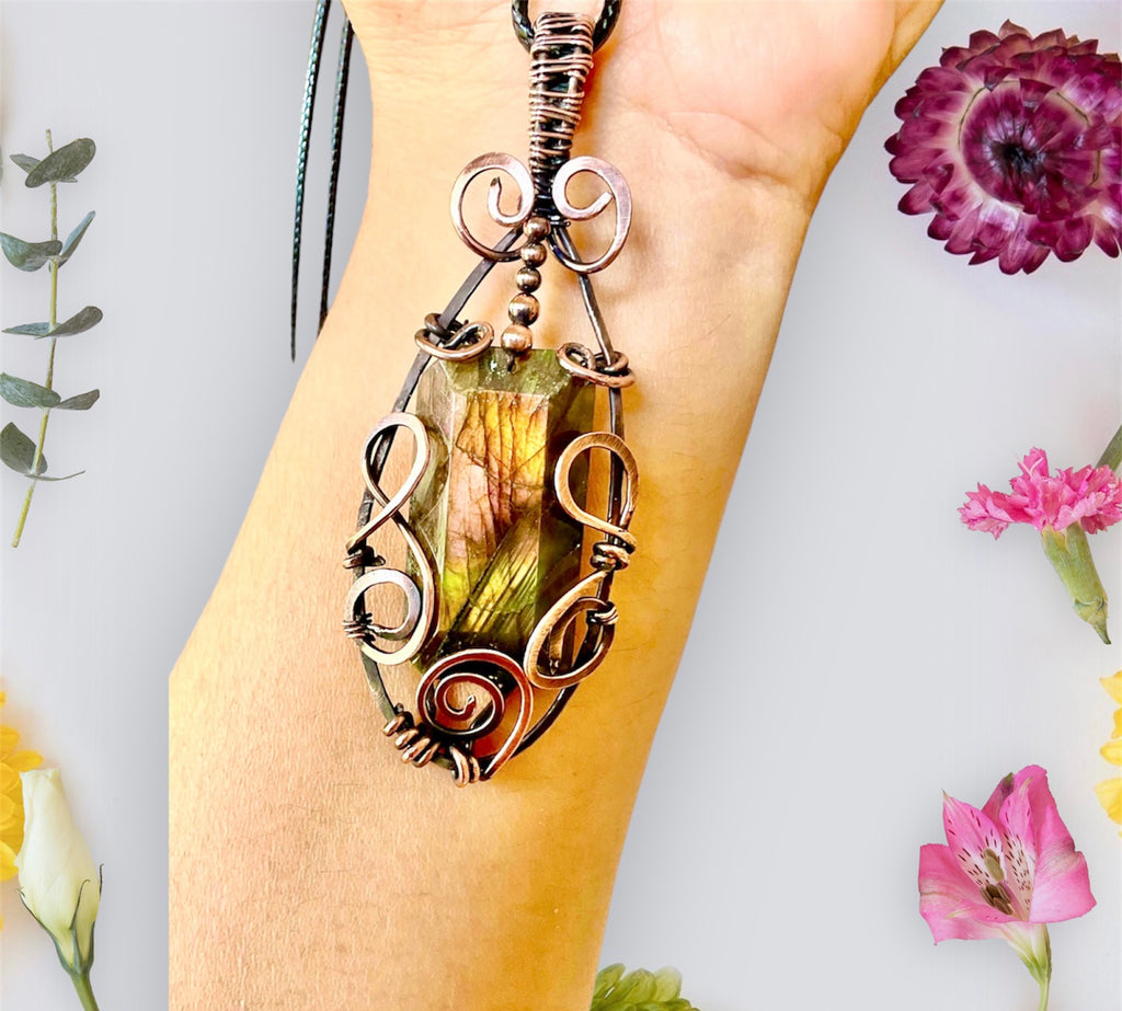 Labradorite Rectangular Wire Wrapped Pendant - Connie’s Crystals 