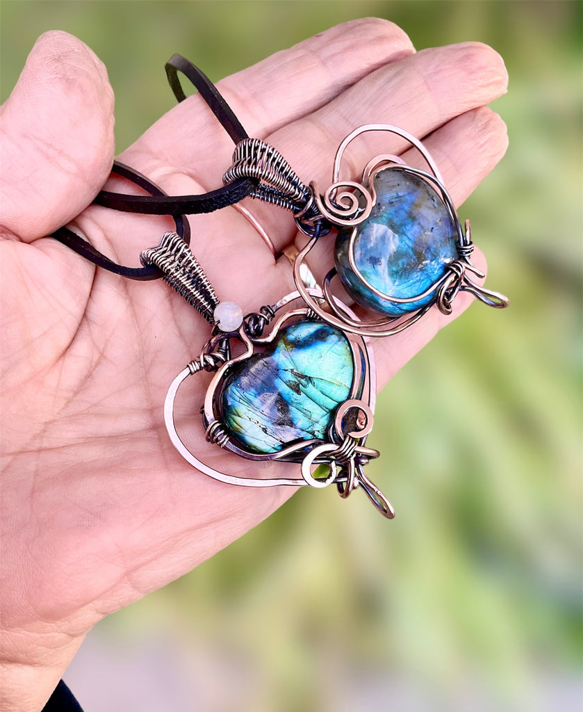 Labradorite Large Puffy Heart Wire Wrapped Pendants - Connie’s Crystals 