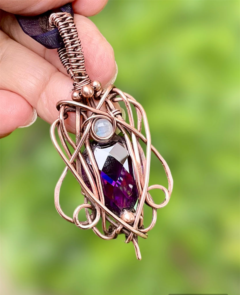 Amethyst & Moonstone Wire Wrapped Pendant - Connie’s Crystals 