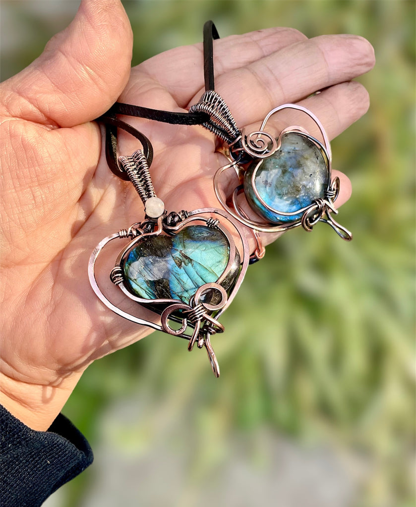 Labradorite Large Puffy Heart Wire Wrapped Pendants - Connie’s Crystals 