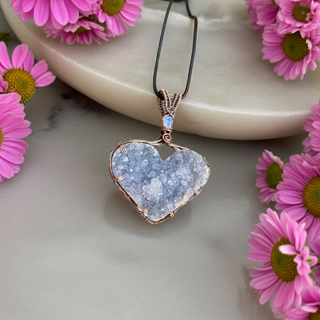 Amethyst Druzy Heart Pendant with Moonstone Accent - Connie’s Crystals 