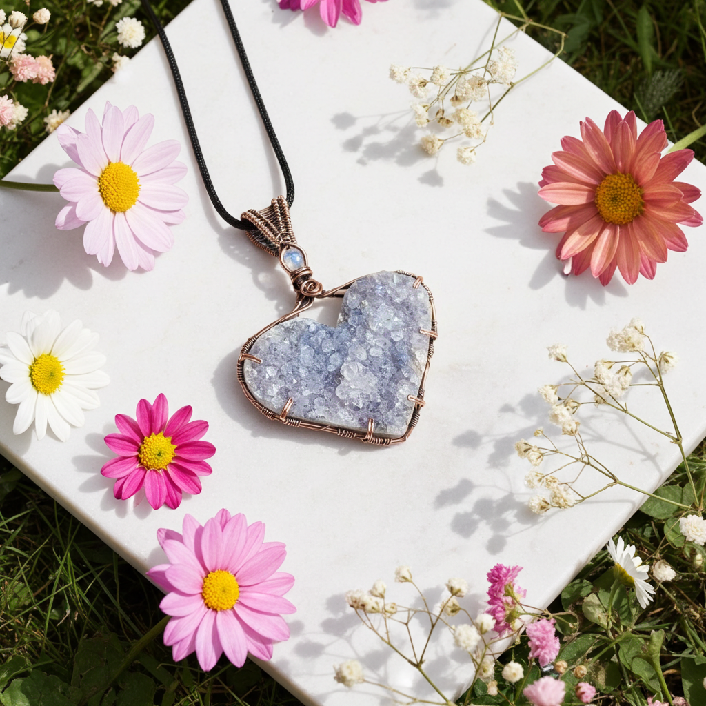 Amethyst Druzy Heart Pendant with Moonstone Accent - Connie’s Crystals 