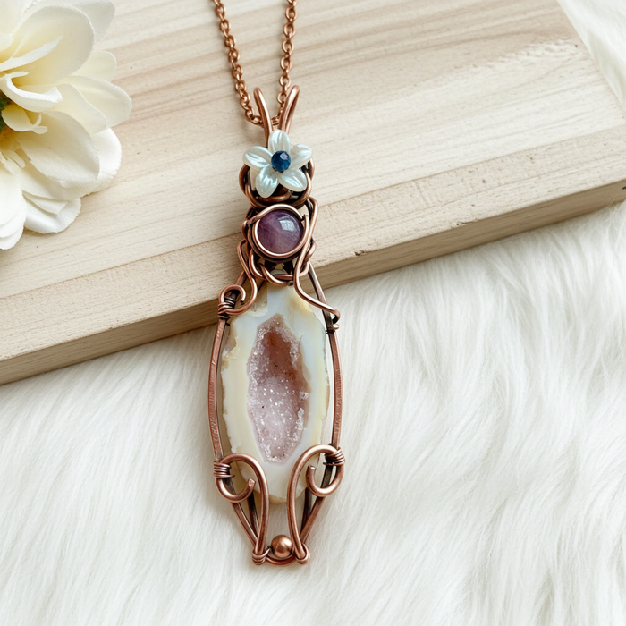 Pink Druzy Geode Agate with Amethyst and Sapphire Accents by