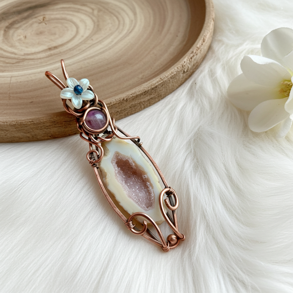 Pink Druzy Geode Agate with Amethyst and Sapphire Accents by