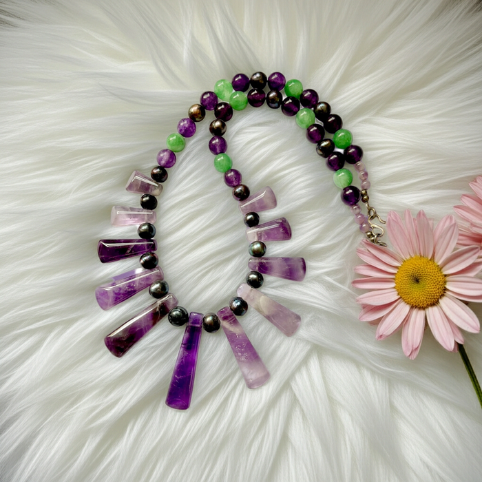 💜 Amethyst, Black Pearl & Aventurine Statement Necklace - Connie’s Crystals 