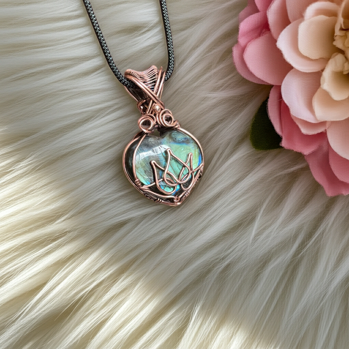 Labradorite Heart Pendant with Lotus Design - Connie’s Crystals 