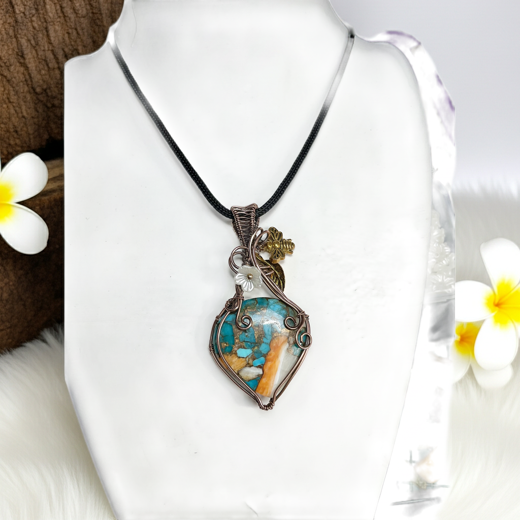 Spiny Oyster Turquoise Copper Wire-Wrapped Pendant