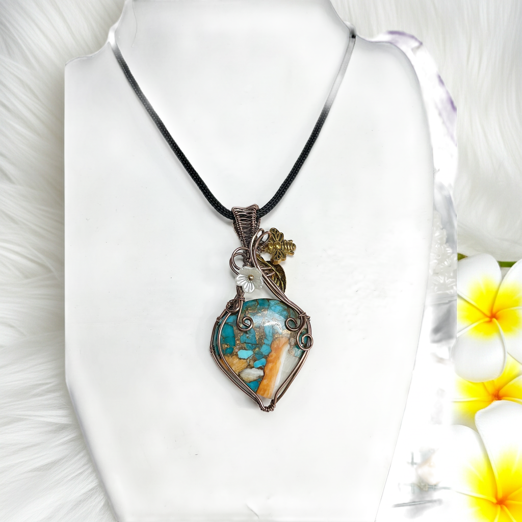 Spiny Oyster Turquoise Copper Wire-Wrapped Pendant