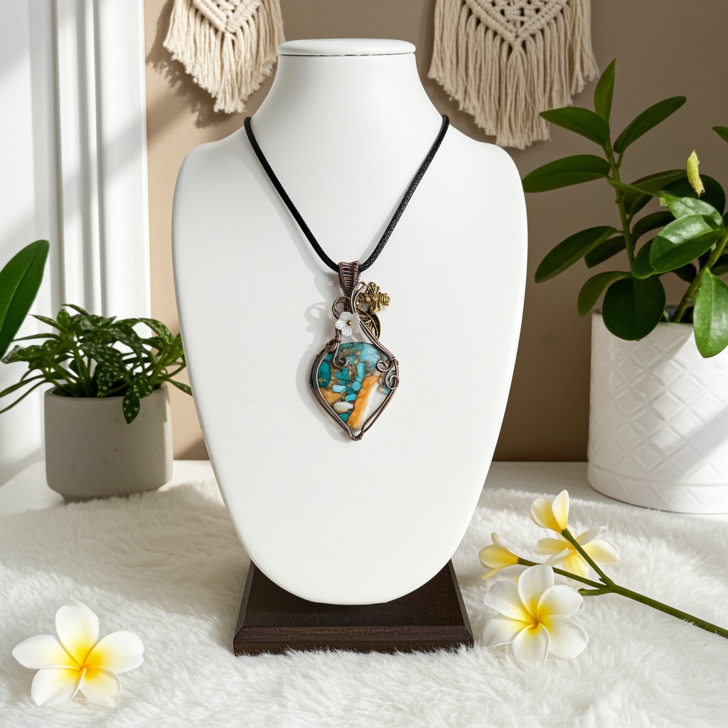Spiny Oyster Turquoise Copper Wire-Wrapped Pendant
