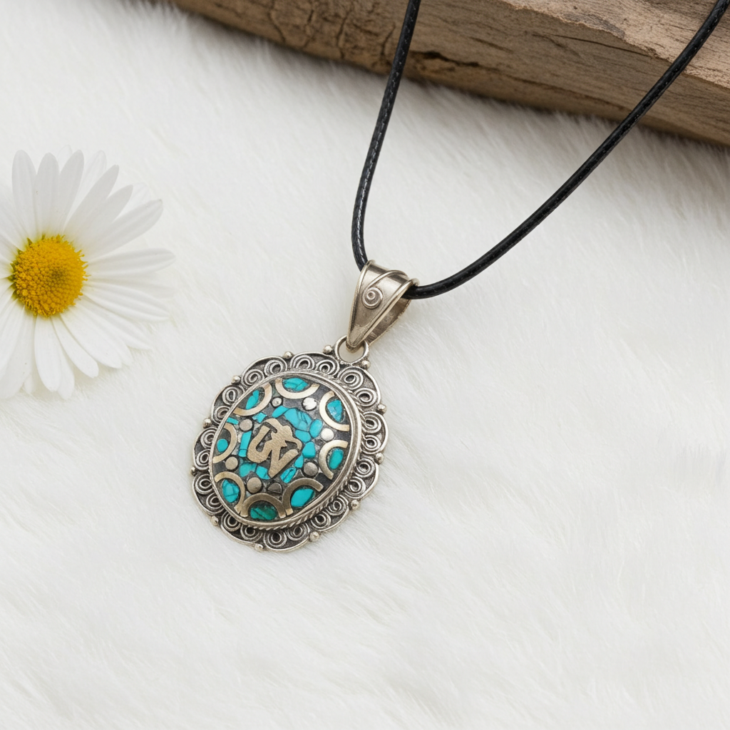 Tibetan Silver Ohm Pendant with Turquoise - Connie’s Crystals 