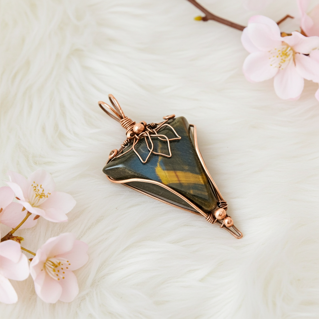 Blue Tiger Eye Wire Wrapped Pendant