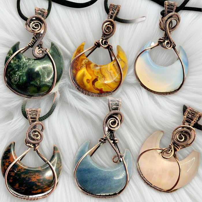 Gemstone Crescent Moon Wire Wrapped Pendants - Connie’s Crystals 
