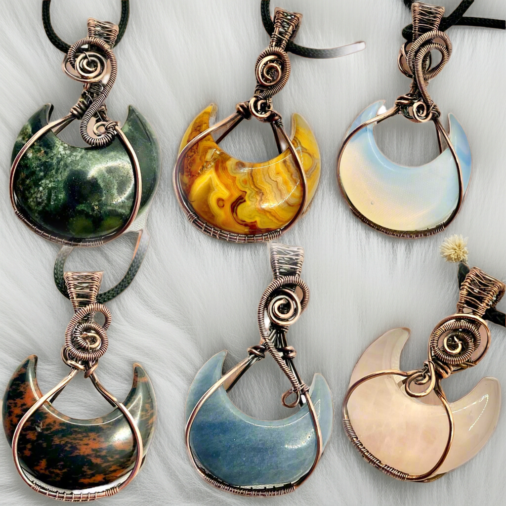 Gemstone Crescent Moon Wire Wrapped Pendants - Connie’s Crystals 