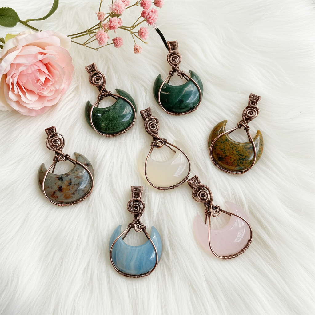 Gemstone Crescent Moon Wire Wrapped Pendants - Connie’s Crystals 