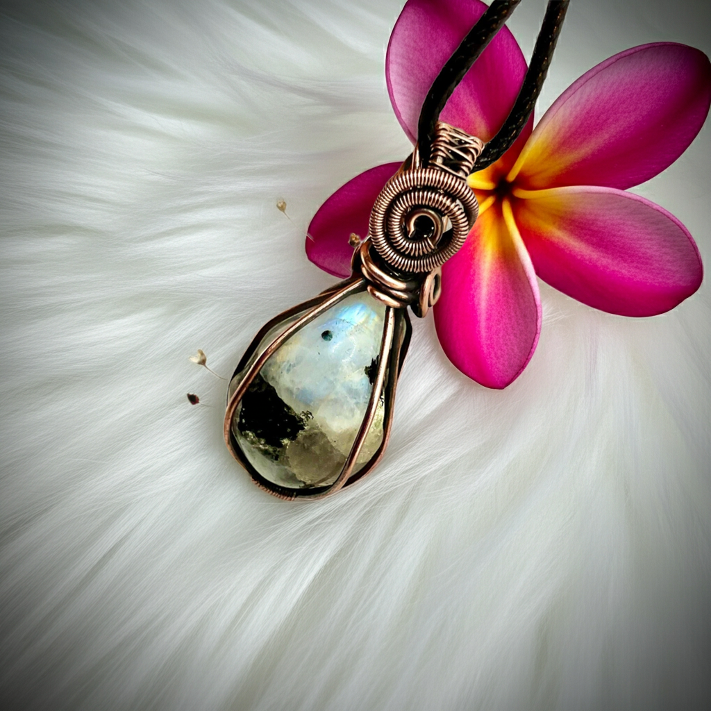 Rainbow Moonstone Wire Wrapped Pendant - Connie’s Crystals 