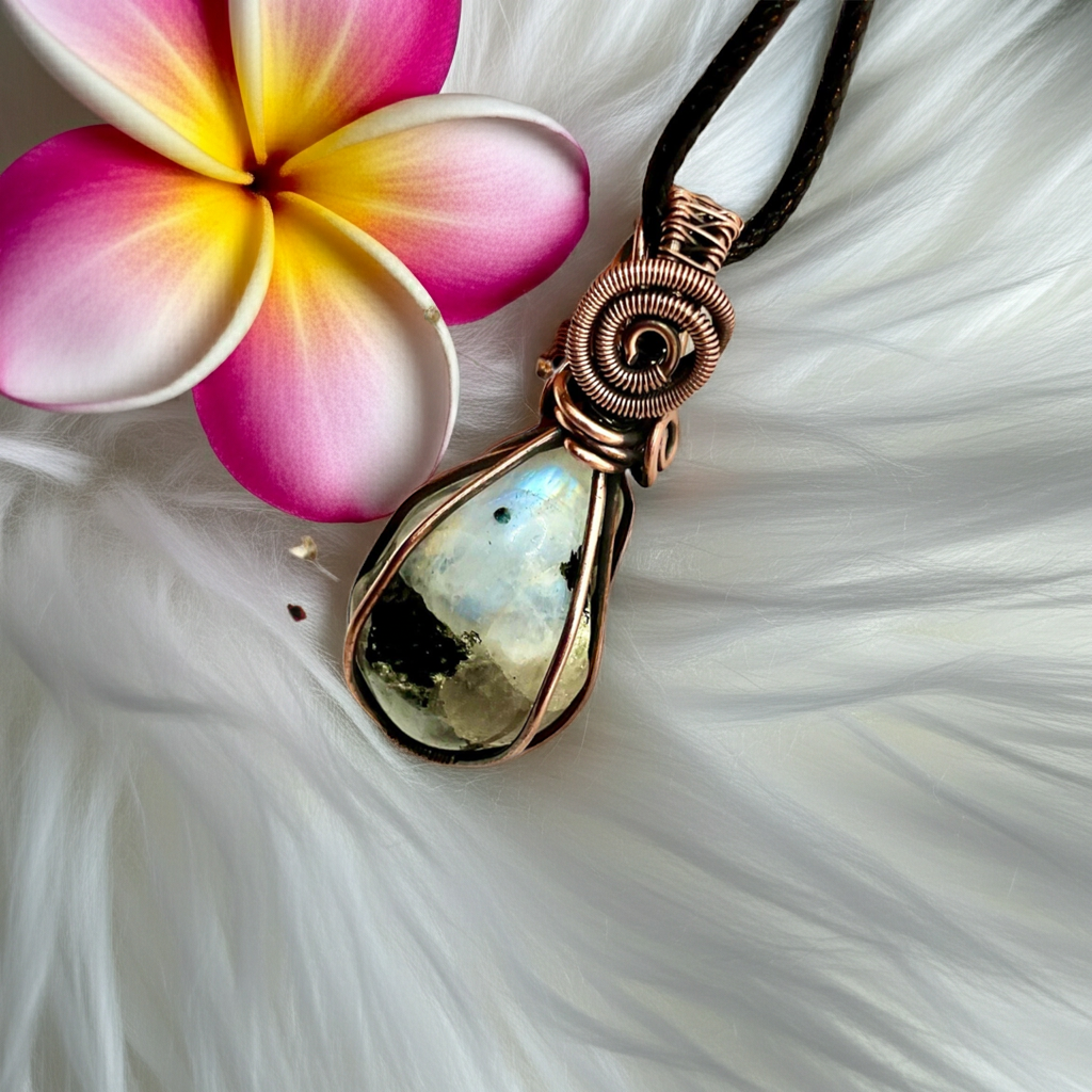 Rainbow Moonstone Wire Wrapped Pendant - Connie’s Crystals 