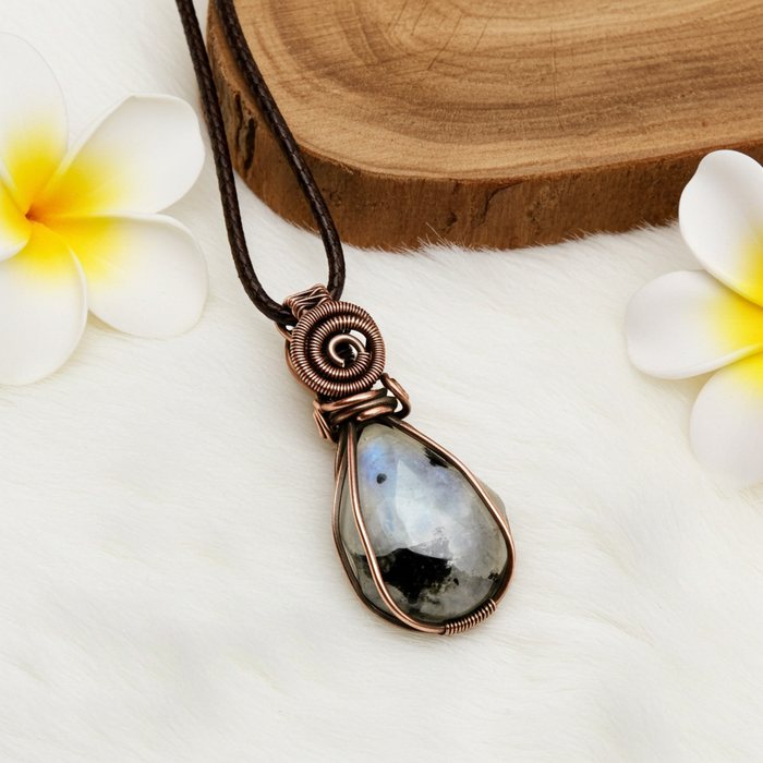 Rainbow Moonstone Wire Wrapped Pendant - Connie’s Crystals 