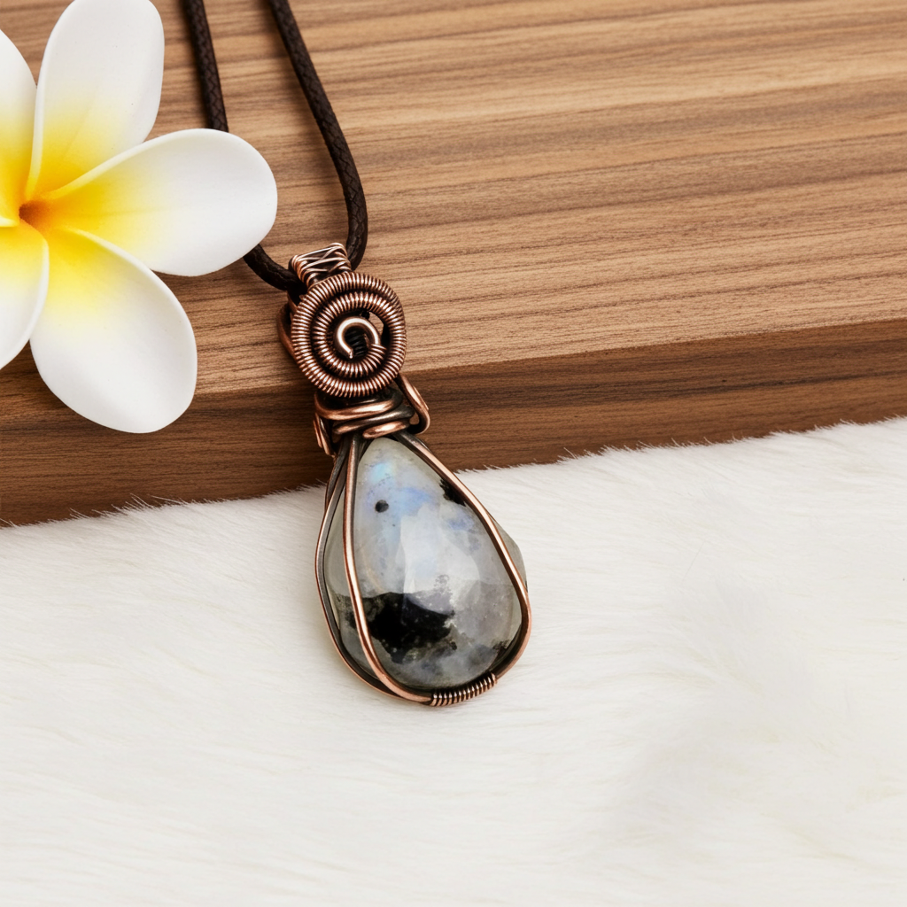 Rainbow Moonstone Wire Wrapped Pendant - Connie’s Crystals 