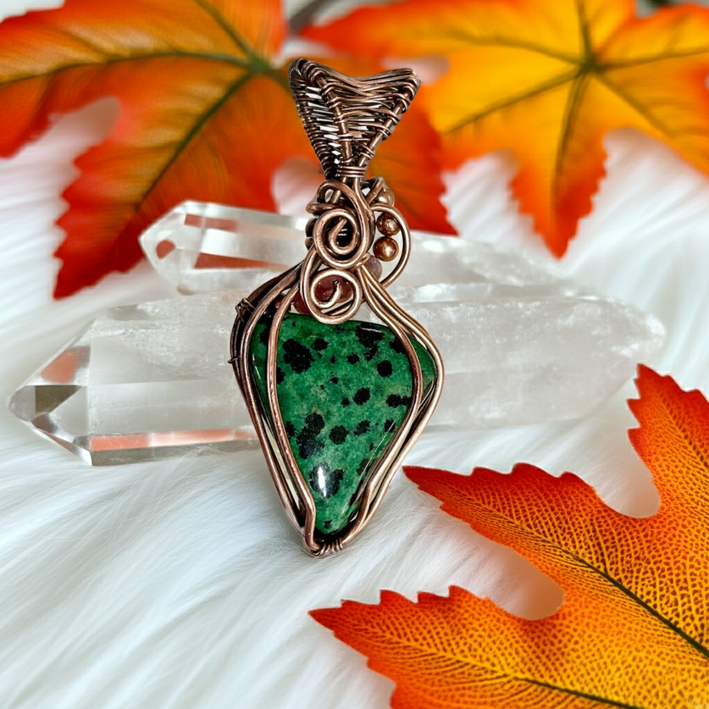 Green Dalmatian Jasper with Pink Tourmaline - Connie’s Crystals 