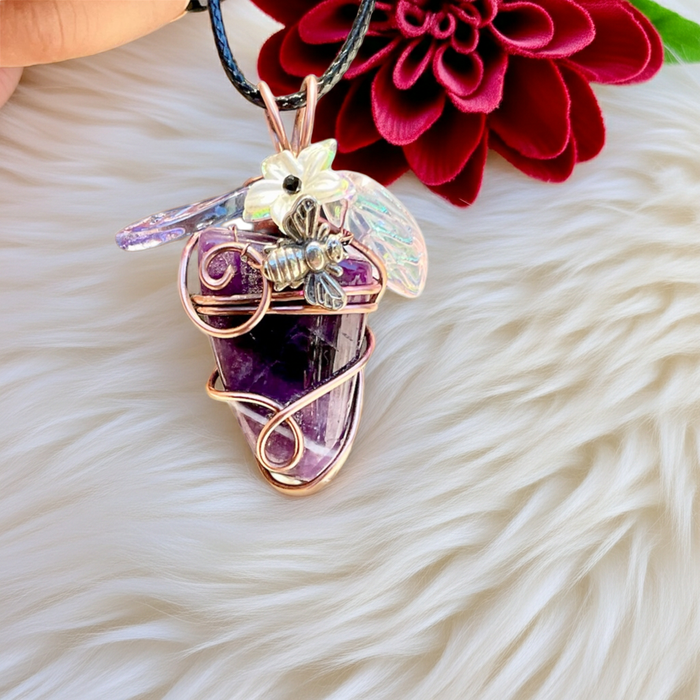 Chevron Amethyst “Bee & Bloom” Pendant — Black Spinel Flower Centre