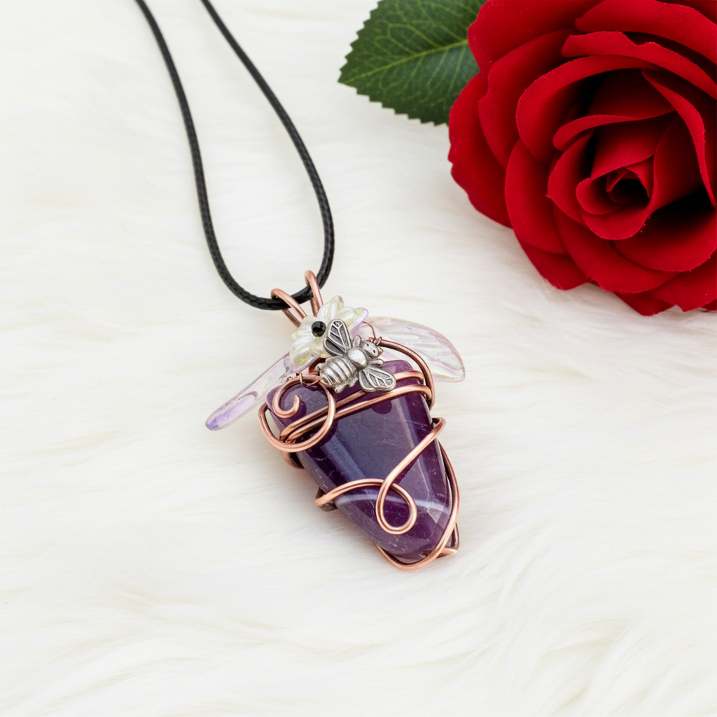 Chevron Amethyst “Bee & Bloom” Pendant — Black Spinel Flower Centre