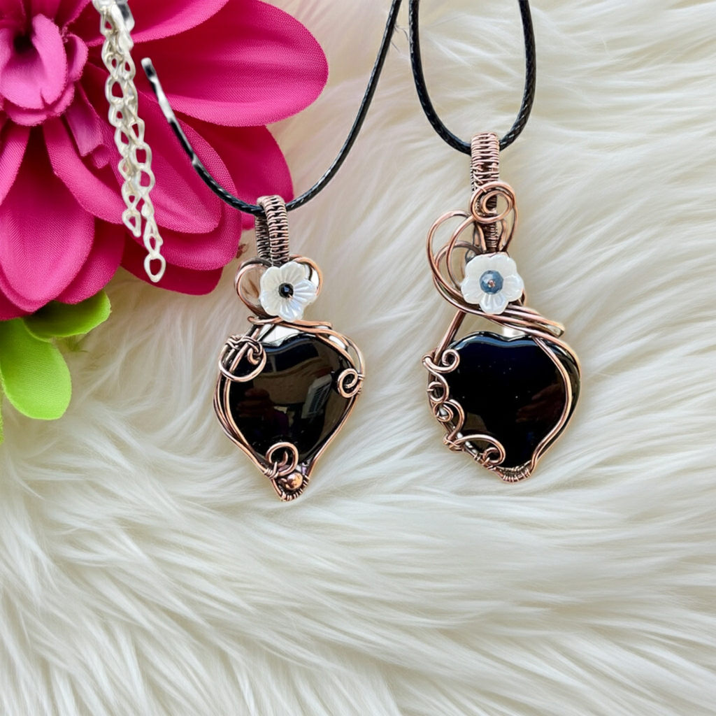 Black Obsidian Heart Pendants with Sapphire & Black Spinel Flower Accents