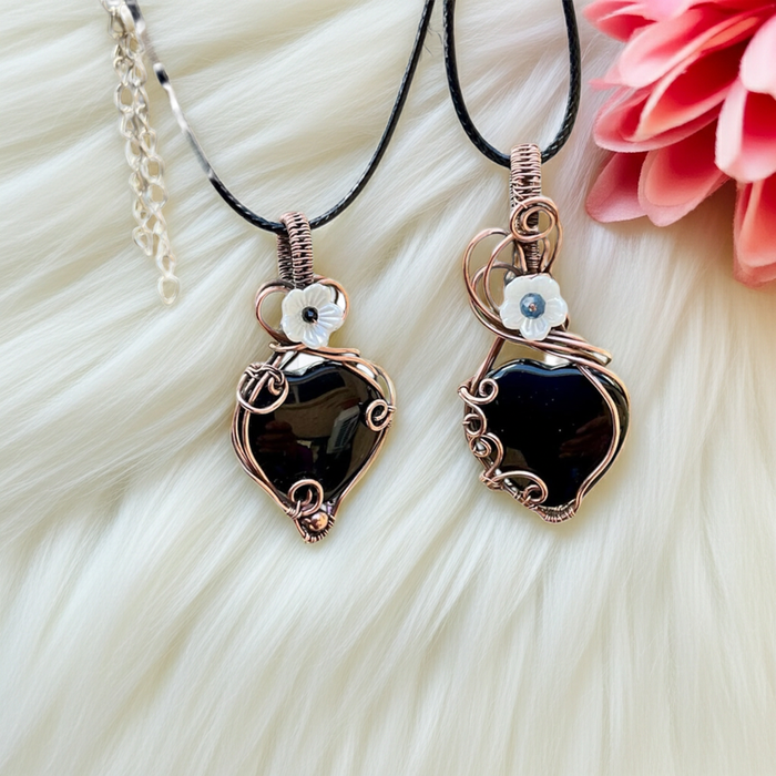 Black Obsidian Heart Pendants with Sapphire & Black Spinel Flower Accents