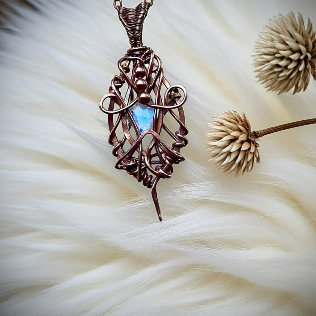 Rainbow Moonstone Wire Wrapped Pendant
