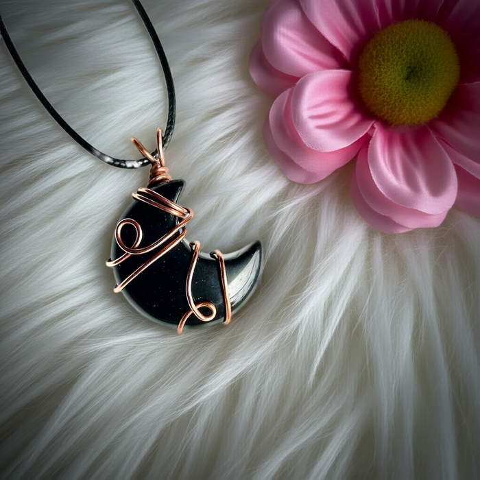 Black Obsidian Crescent Moon Pendant – Copper Wire Wrapped