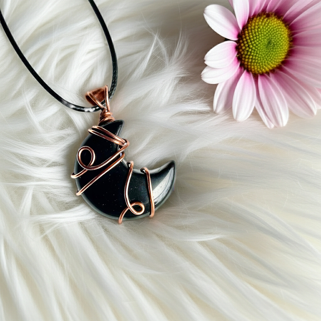 Black Obsidian Crescent Moon Pendant – Copper Wire Wrapped - Connie’s Crystals 
