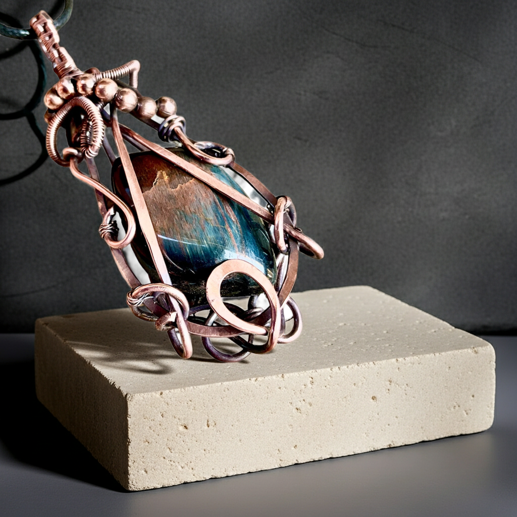 Blue Tiger Eye Wire Wrapped Pendant