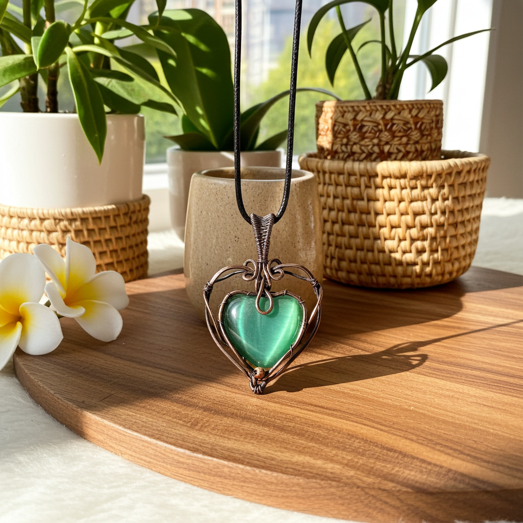 Green Cat’s Eye Heart Shaped Pendant - Connie’s Crystals 