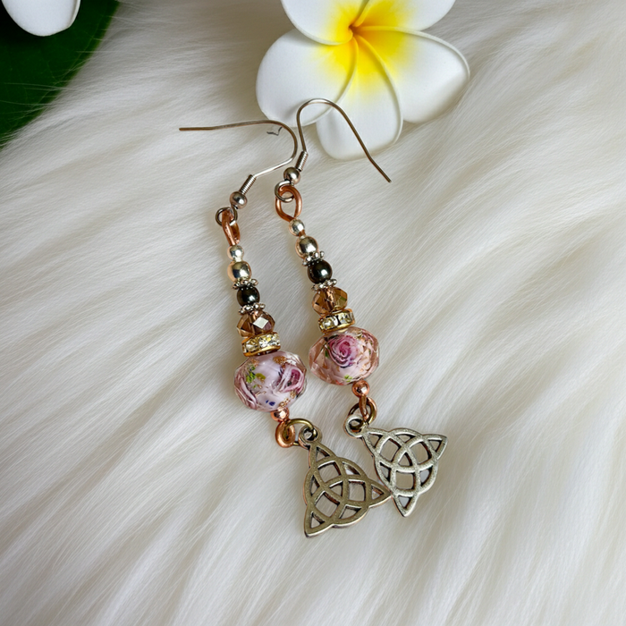 Millefiori Murano Glass Dangle Earrings with Triquetra Charm. - Connie’s Crystals 