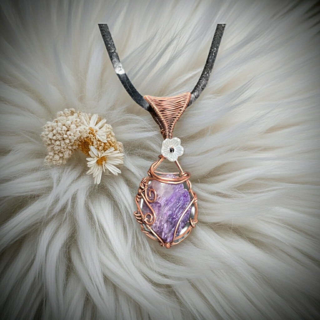 Charoite Wire Wrapped Pendant With Flower Accent - Connie’s Crystals 