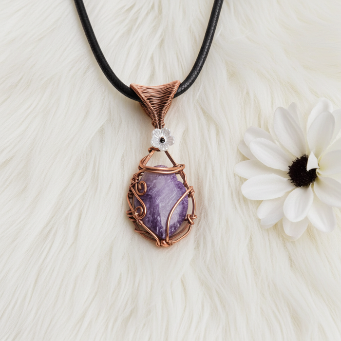 Charoite Wire Wrapped Pendant With Flower Accent - Connie’s Crystals 