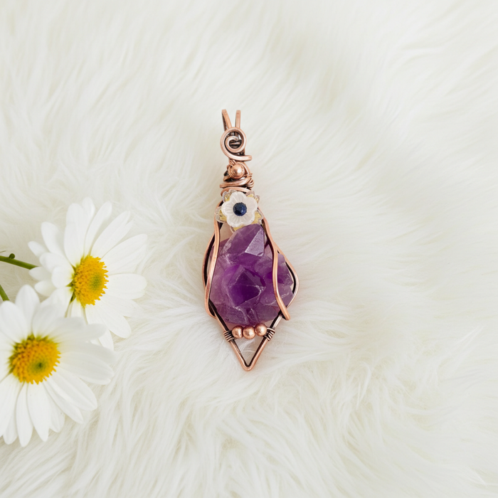 Raw Amethyst Pendant with Sapphire Flower Accent - Connie’s Crystals 