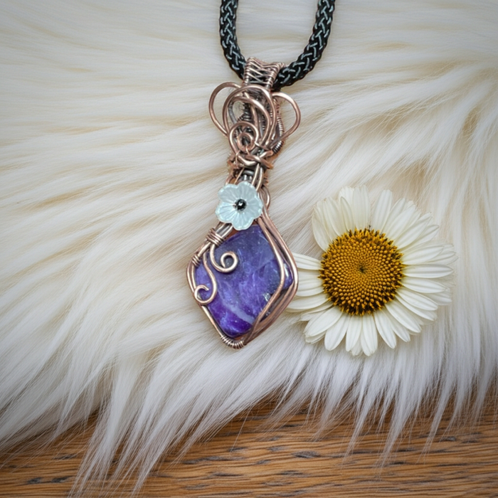 Charoite Wire Wrapped Pendant with Flower Accent - Connie’s Crystals 