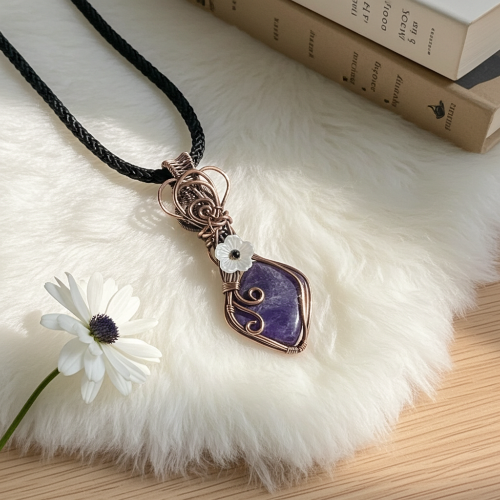 Charoite Wire Wrapped Pendant with Flower Accent - Connie’s Crystals 