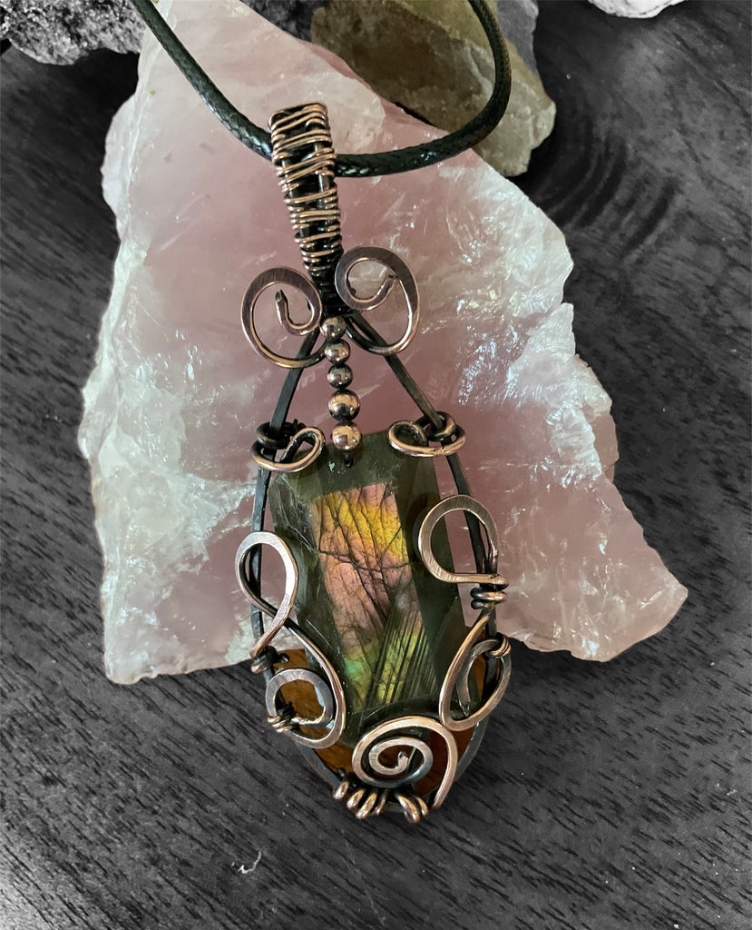 Labradorite Rectangular Wire Wrapped Pendant - Connie’s Crystals 