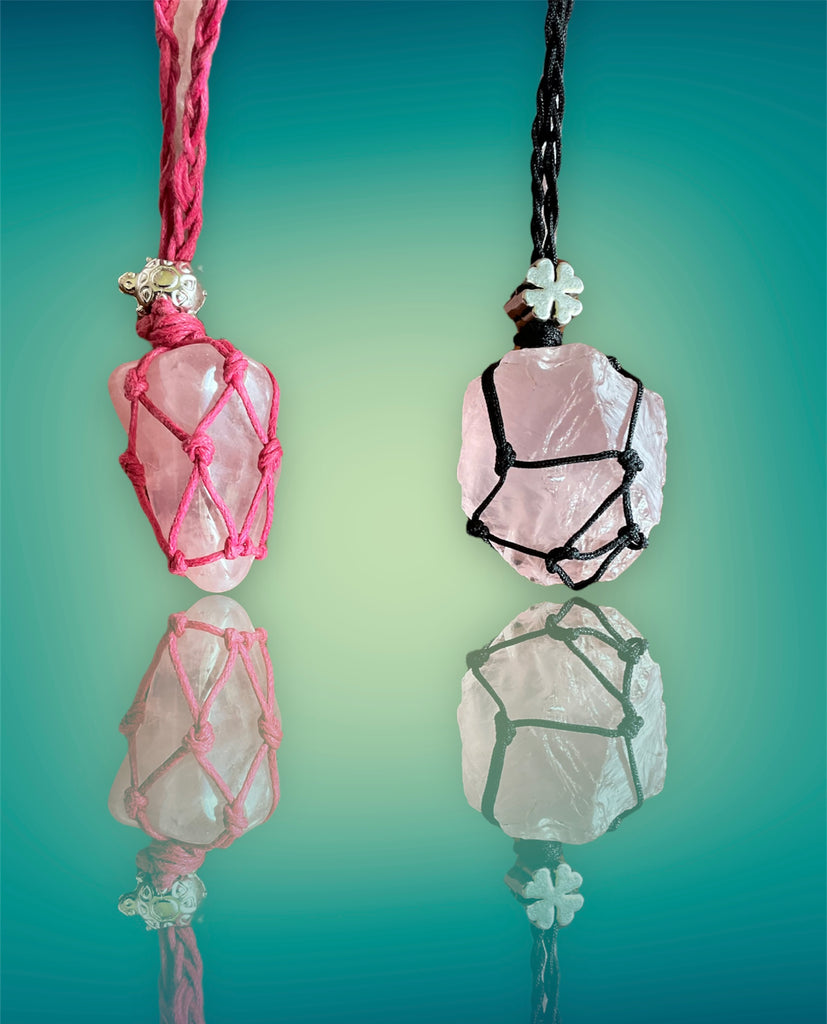 Rough Rose Quartz Macramé Wrapped Pendant - Connie’s Crystals 